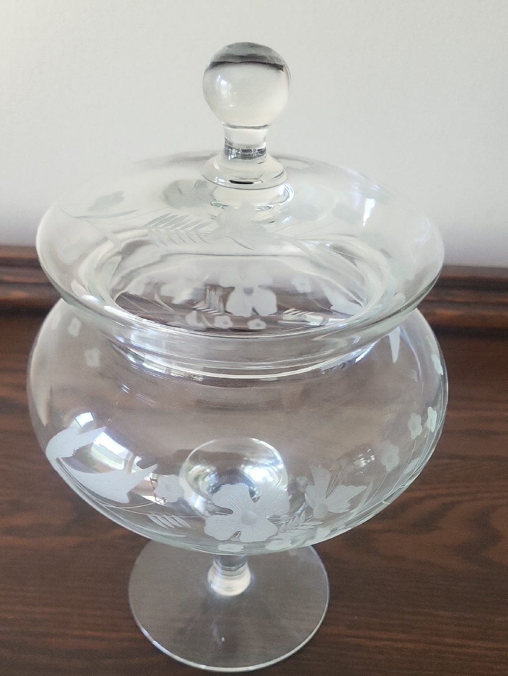 Mid-Century Etched Clear Crystal  Apothecary Jar with Lid